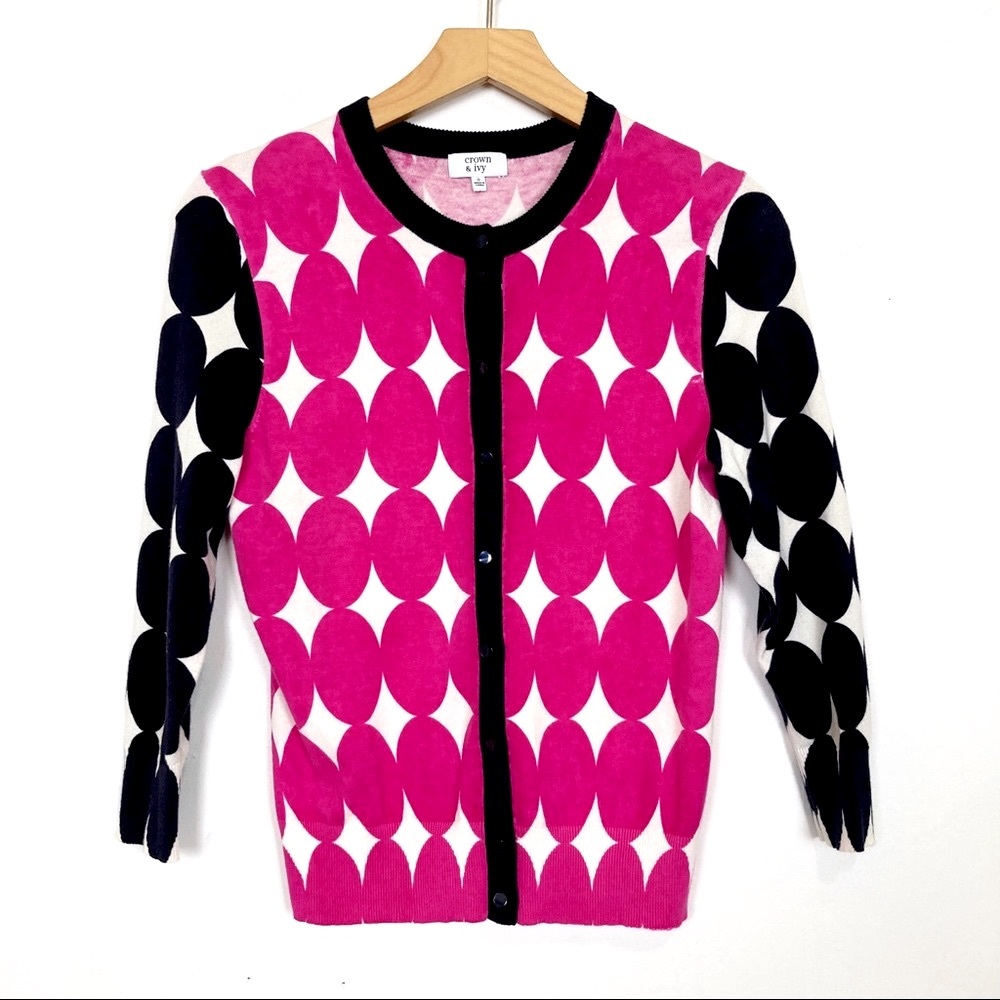 Crown & Ivy polka dot cardigan pink white navy fun cute y2k style 2000s bright
